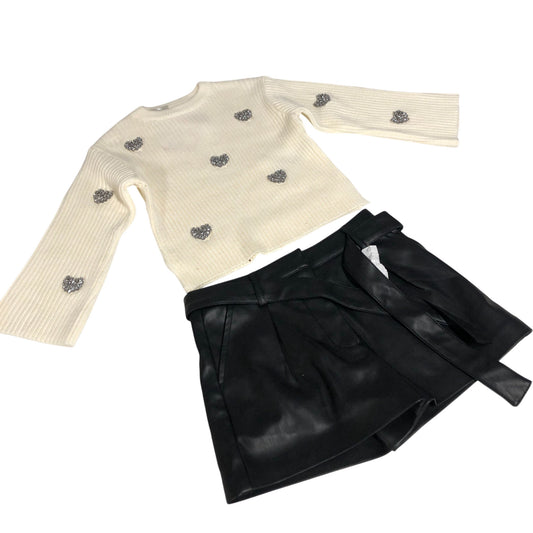 River Island Set Sweater With Heart Detailing And Black Faux Leather Shorts