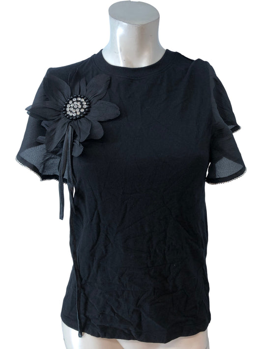 River Island Black Flower Detail T Shirt XS Women's Short Sleeves Party Top