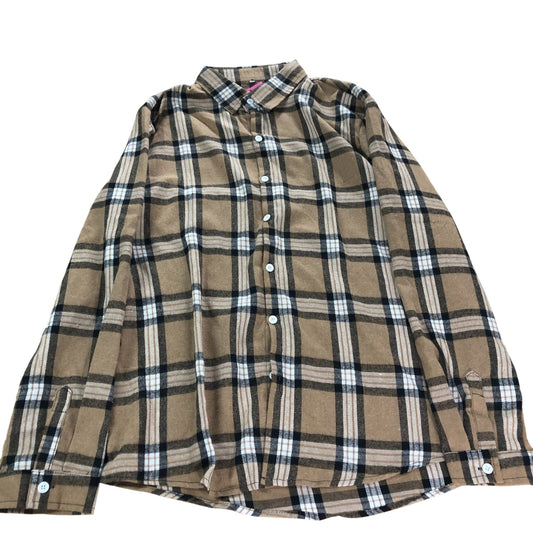 Flannel Shirt Men's Casual Long Sleeve Checked Brown Black XL