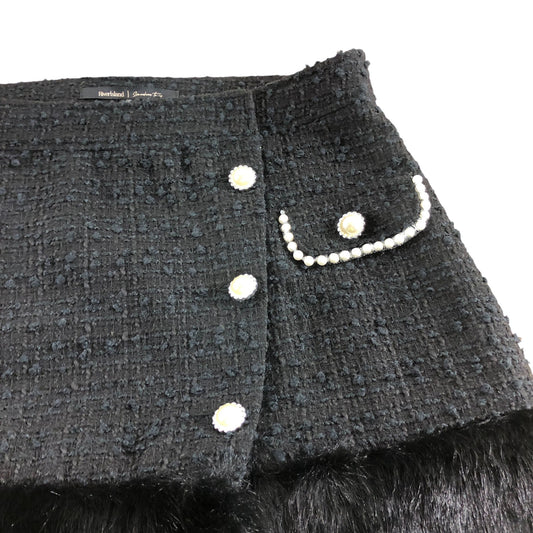 River Island Women's Black Tweed Skirt UK12 Faux Fur Detail Button Front