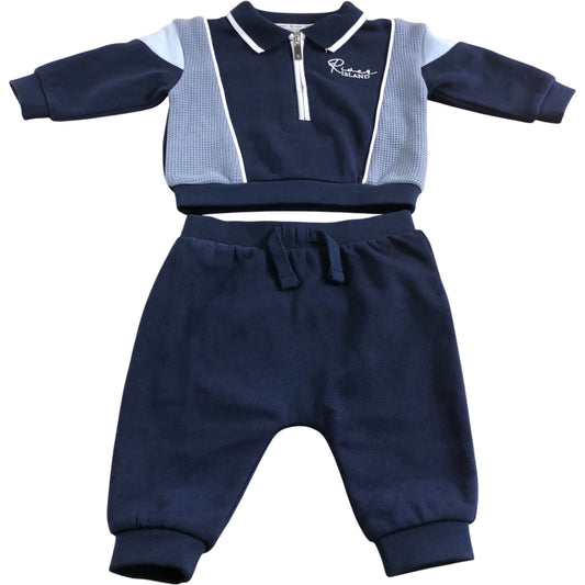 River Island Baby Toddler Outfit 0-3 Months Navy Blue Zip Polo Top & Pants Set