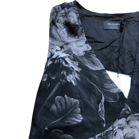 Branded Black Floral Handkerchief Hem Midi Dress - Size 14