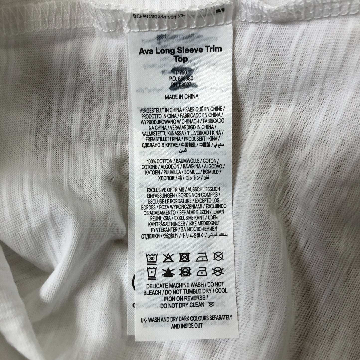 Ava Long Sleeve Trim Top Women's Casual White Cotton UK12