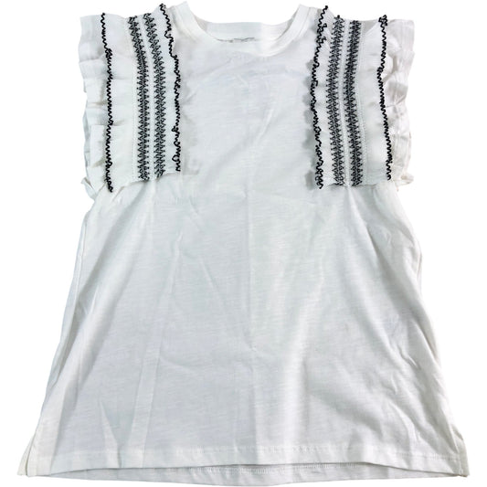 RIVER ISLAND Girls Top UK9-10 Years White Ruffle Sleeve Embroidered Design