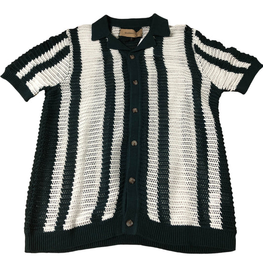 River Island Knitted Short Sleeve Polo Shirt Green White Stripes Size Large
