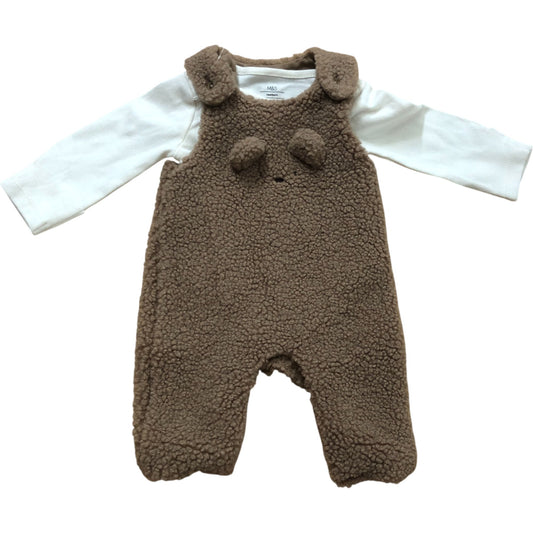 Newborn Baby Playsuit 2 Part Set Brown Fleece Bodysuit with White Sleeves