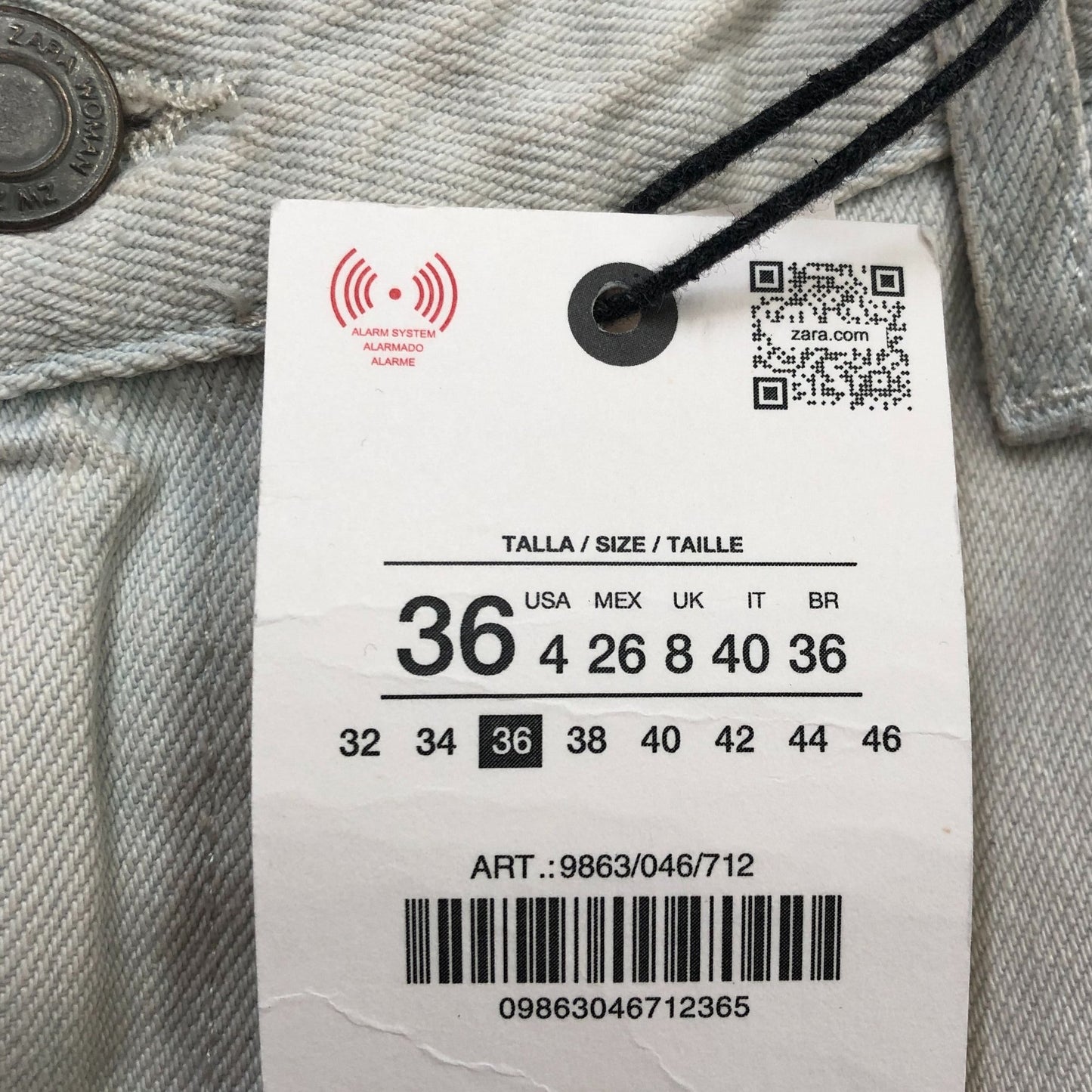 Zara Wide Leg Jeans UK 8 Tall Women's High Waisted Cotton Pale Blue