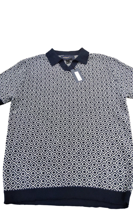 River Island Studios Navy Diamond Pattern Smart Casual Polo Shirt Size M