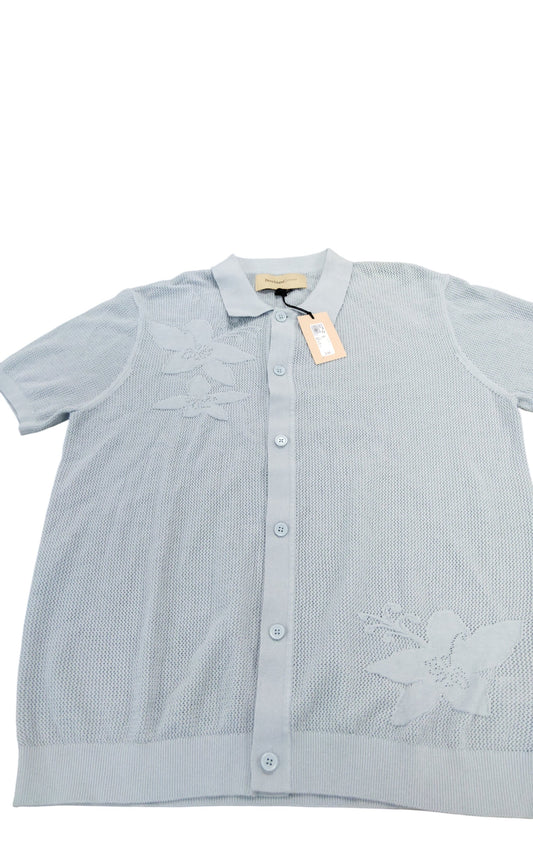 River Island Studios Light Blue Polo Shirt Size L Men's Floral Patterned Knit