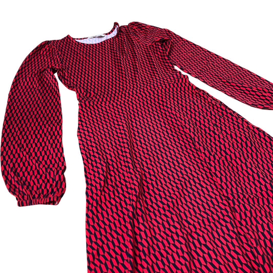 Red Geometric Pattern Dress Women's Long Sleeve Swing Design UK4