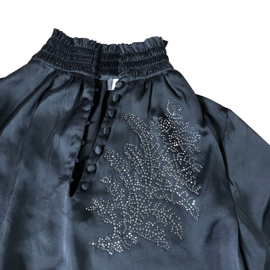 Branded Black Satin Embellished Blouse - Size 8