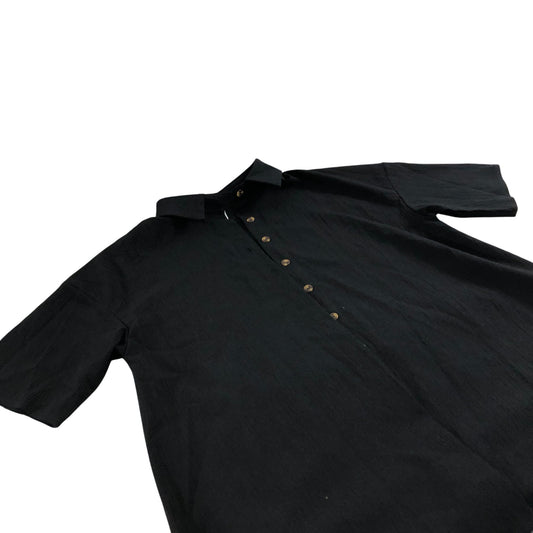 Short Sleeve Casual Shirt Men's Black Button Up Polyester Medium