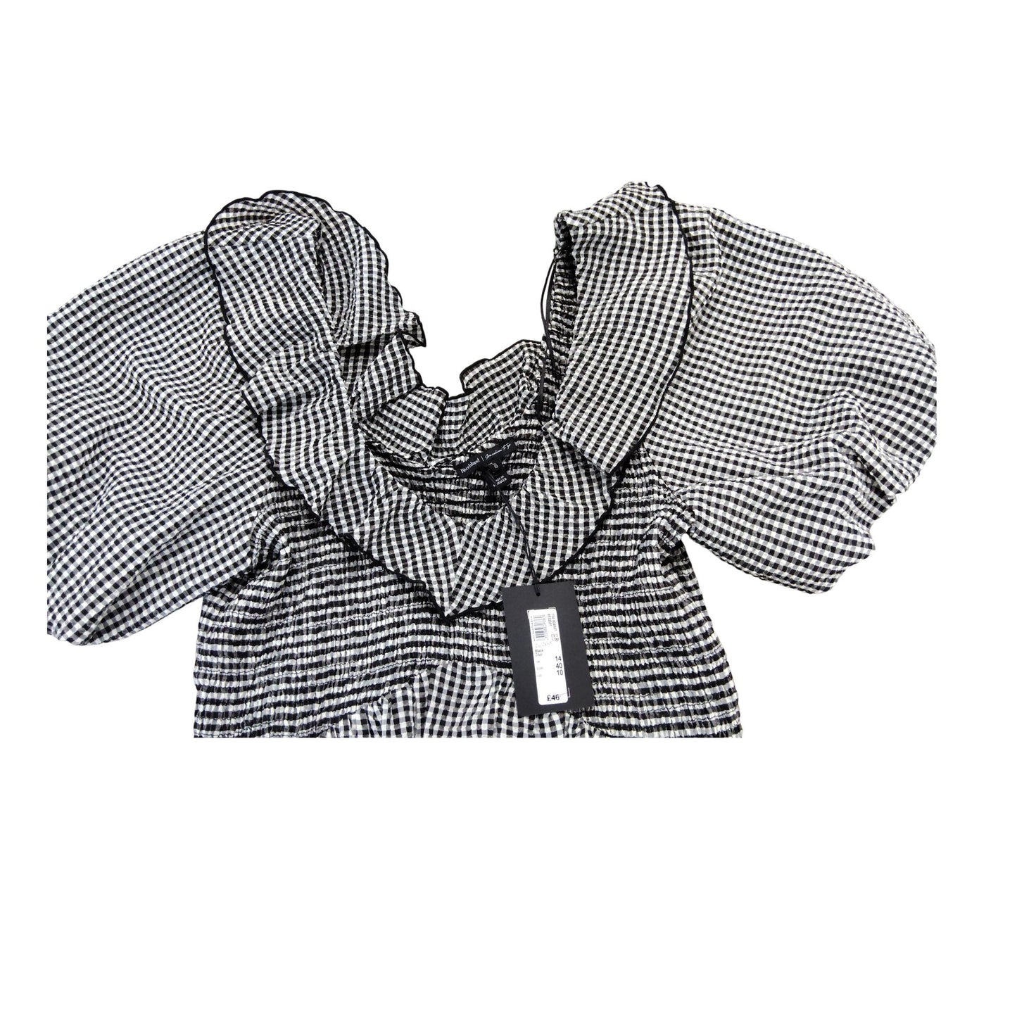 River Island Gingham Print Smock Dress UK14 Women's Short Puff Sleeve Black