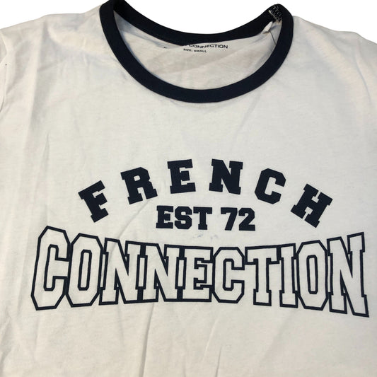 French Connection T-Shirt Small Women's Casual Cotton White Navy Trim