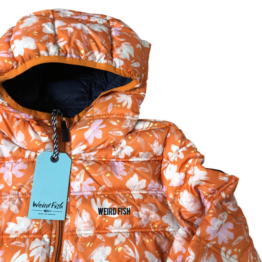 Weird Fish Malka Padded Jacket Size 10 Women's Lightweight Floral Print Orange