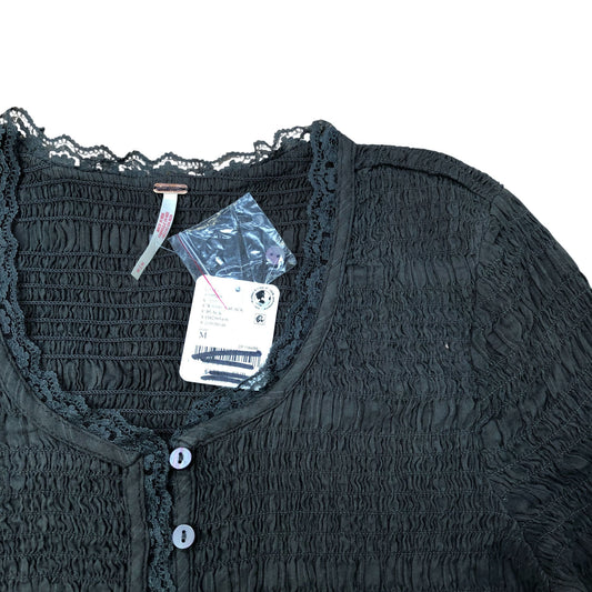 Washed Black Smocked Buttoned Top