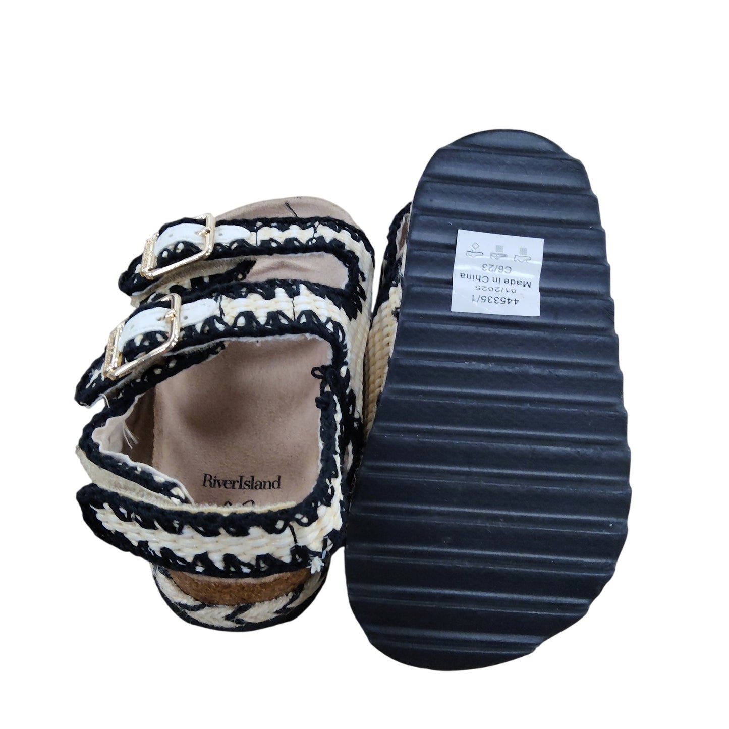 River Island Double Buckle Sandals Kids Size 6 Woven Platform Black White