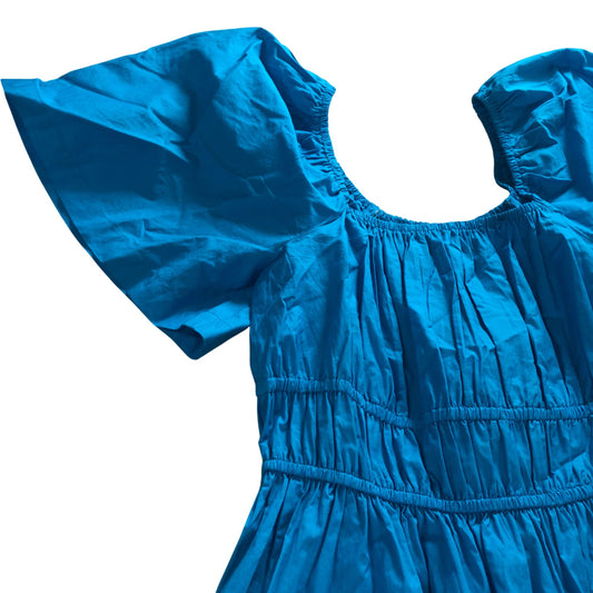 River Island UK10 Women's Blue Cotton Blend Maxi Dress Short Puff Sleeves