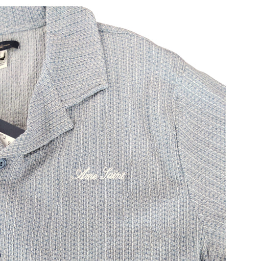 River Island Casual Shirt XL Men's Short Sleeve Waffle Texture Light Blue