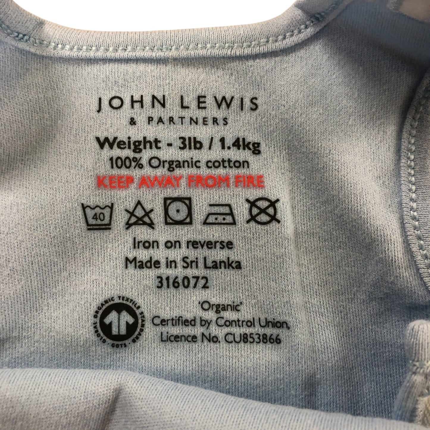 John Lewis Organic Cotton Baby Bodysuit 0-3 Months 3lb Blue Stars Sleeveless