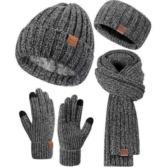 Winuesa 4-in-1 Winter Accessory Set - Hat Gloves Scarf Headband - Dark Grey