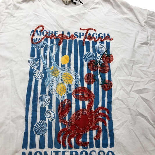 River Island Women's Relaxed Fit T-Shirt White Crab Print Monterosso Size L