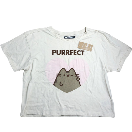 VU Pusheen Cat T Shirt Size L Women's Casual Cropped Cream Graphic Tee