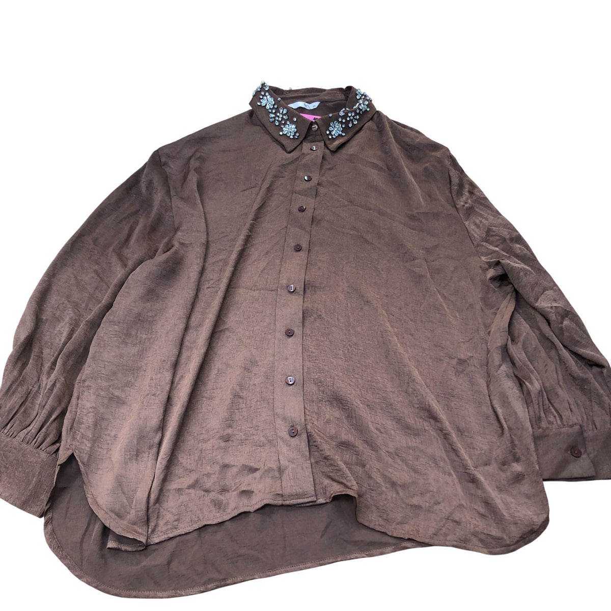 Brown Blouse UK22 Women's Embellished Collar 100% Polyester Top