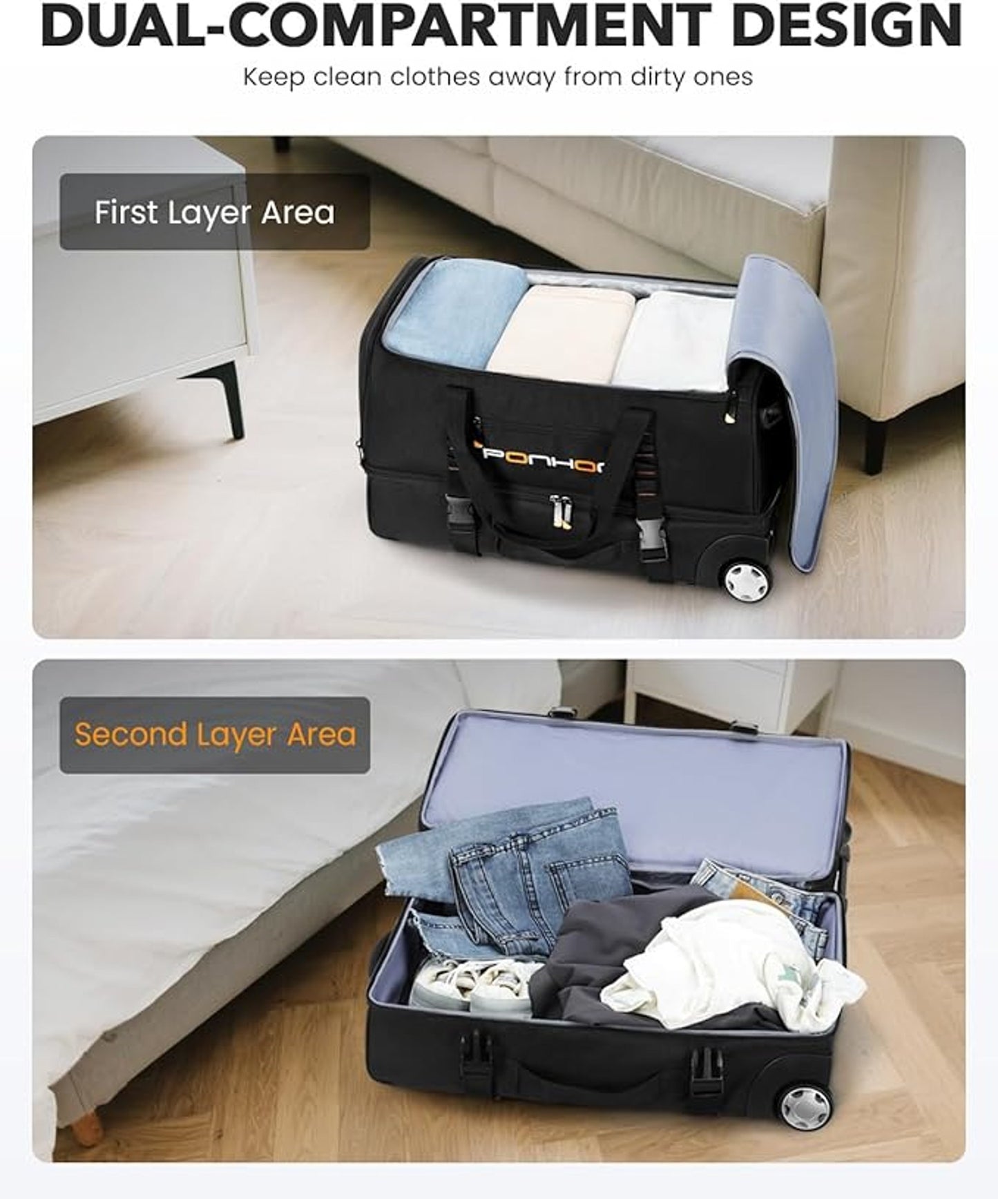 PONHOG 21 Inch Wheeled Duffel Bag Black Portable Lightweight Travel Holdall