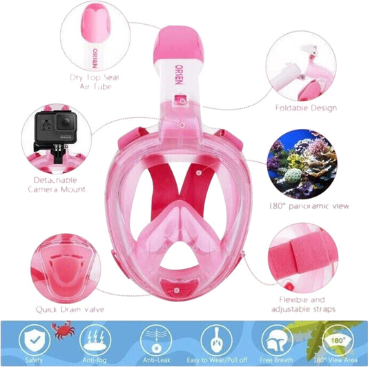 ORSEN Kids Snorkel Mask New Pink 180 Degree View Anti Fog Lightweight Safety