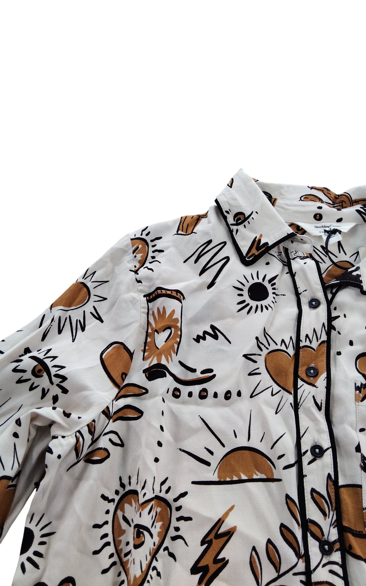 River Island Women's Casual Shirt UK10 Cream Viscose Printed Design Long Sleeve