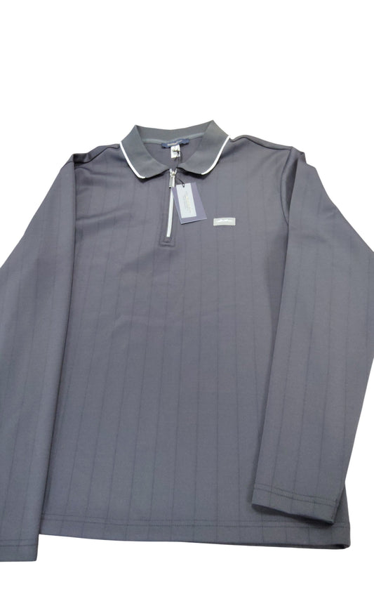 River Island Mens Zip Polo Shirt M Grey Dark Stylish Long Sleeve