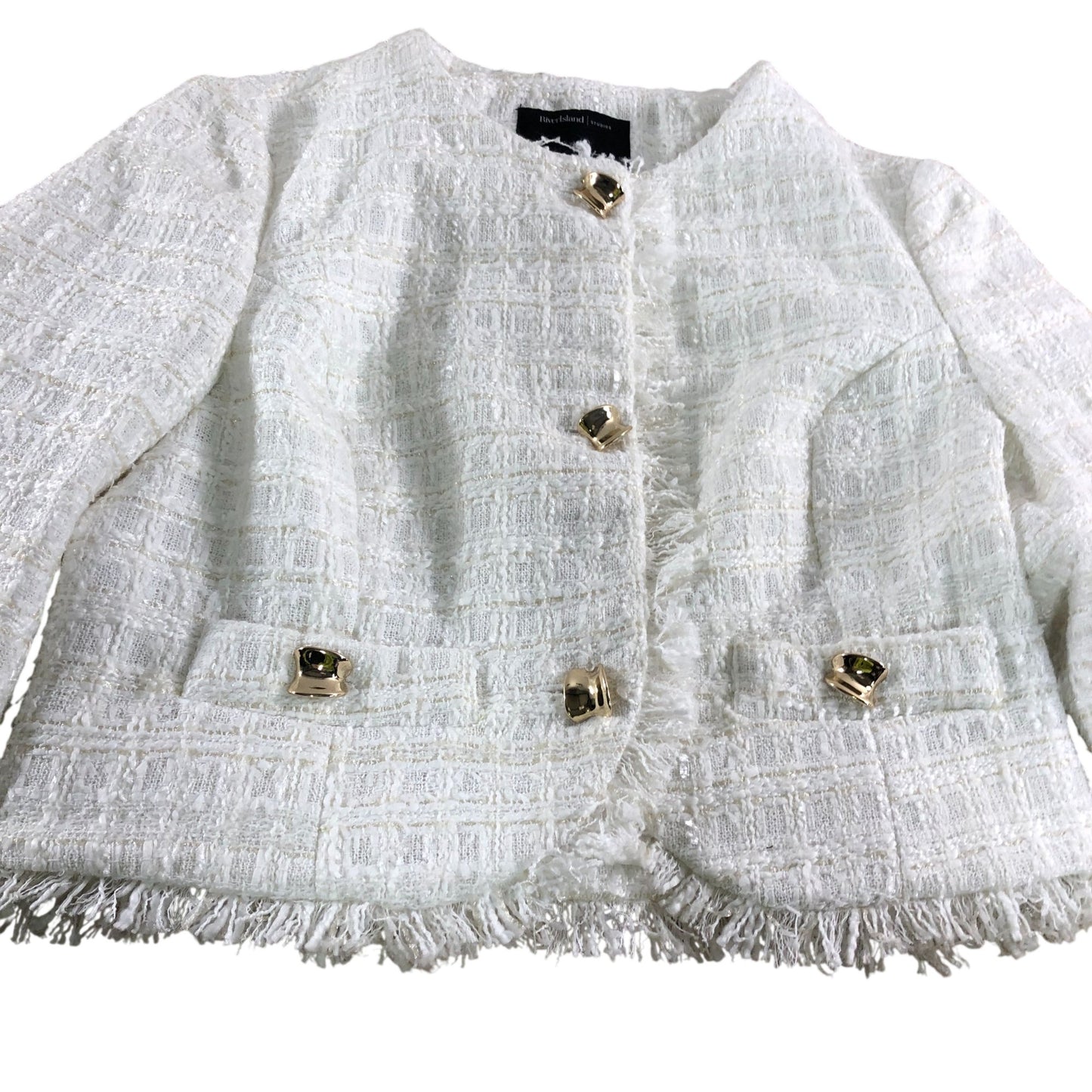 River Island Womens Cropped Jacket UK6 White Textured Tweed With Gold Buttons