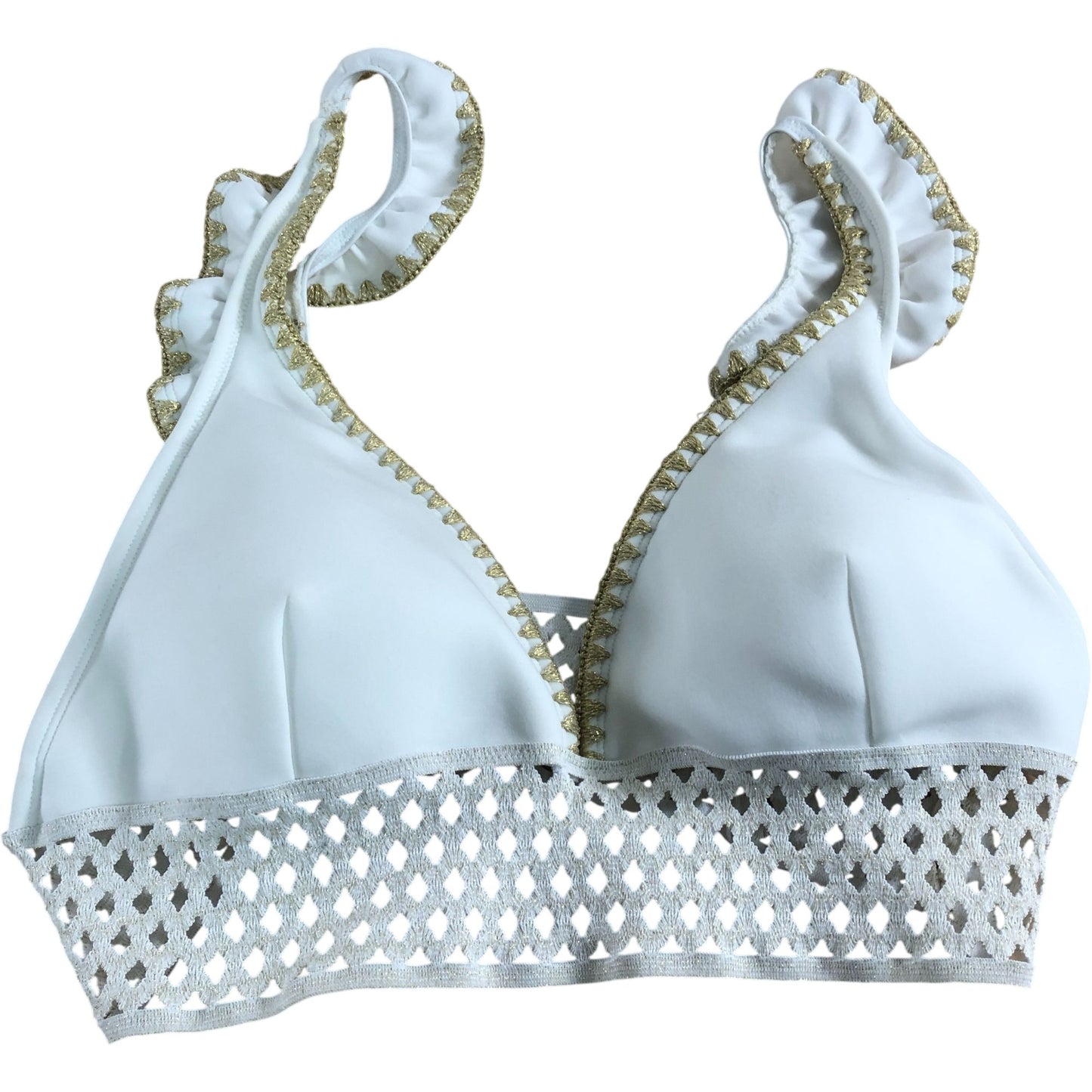 River Island Bikini Top Size UK16 Women's White Gold Trim Swimwear