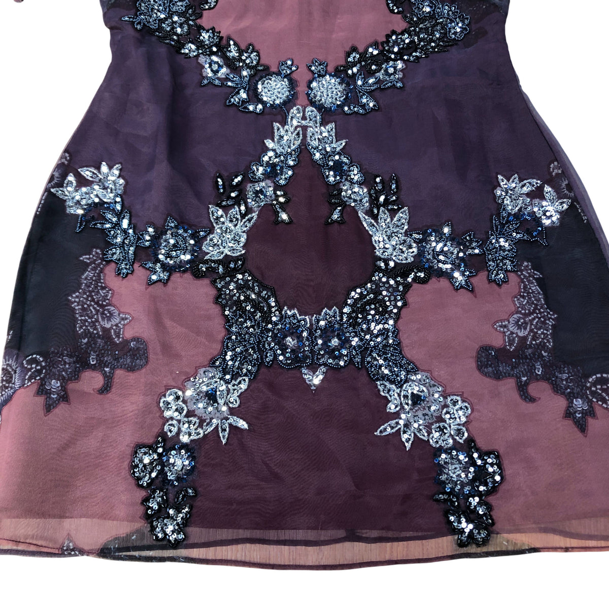 River Island Women's Beaded Dress Size UK12 Purple Sheer Short Sleeve Party Wear