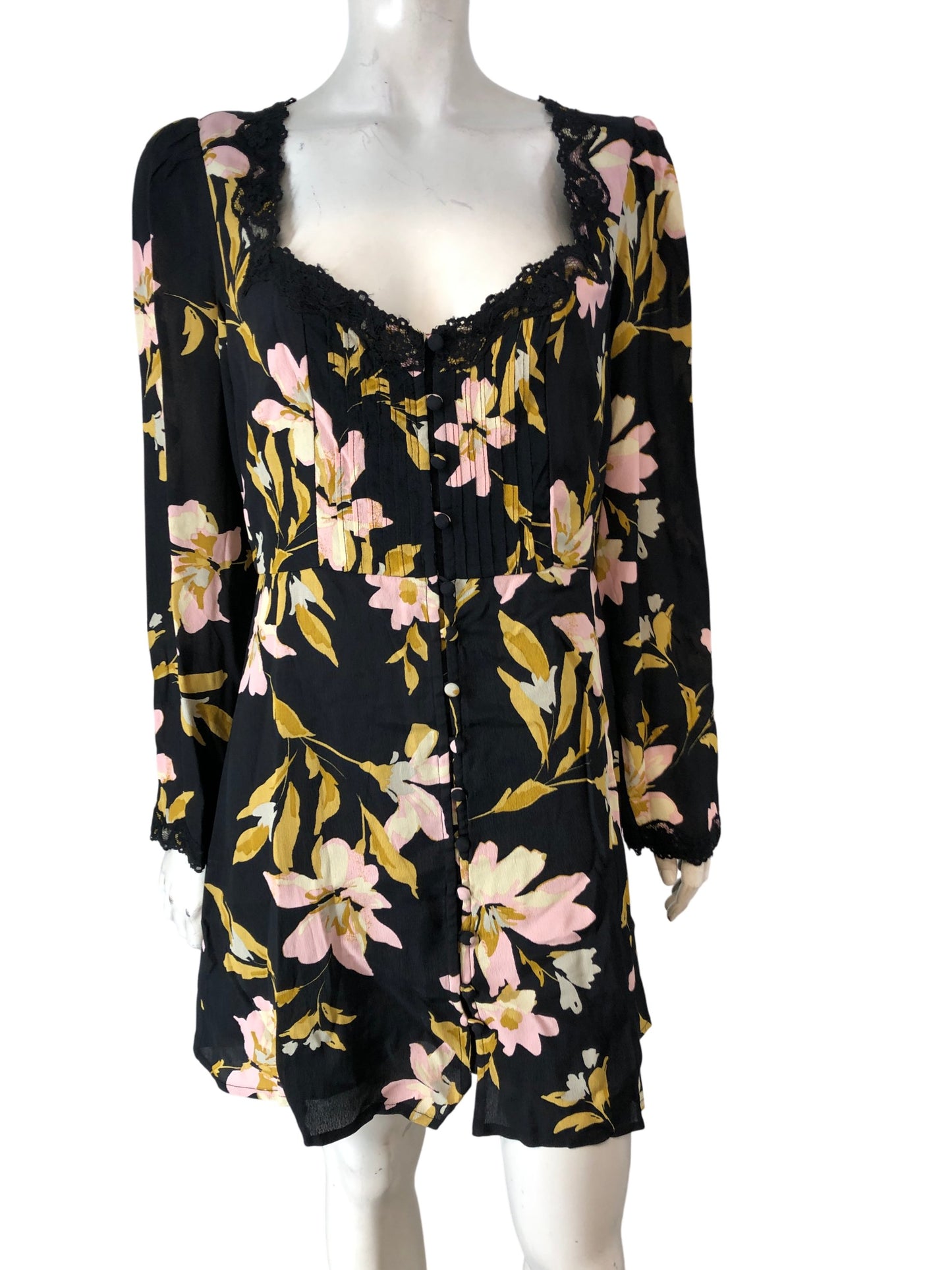 RIVER ISLAND Floral Mini Dress UK14 Women's Long Sleeve Lace Detail Black