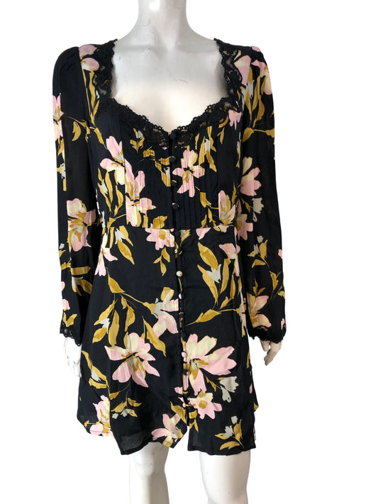 RIVER ISLAND Floral Mini Dress UK14 Women's Long Sleeve Lace Detail Black