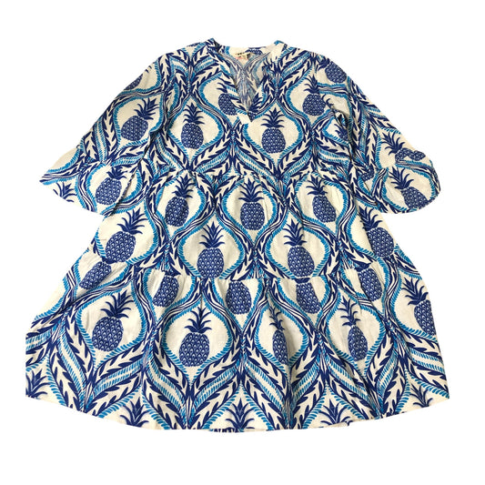 Women's 14R Blue Pineapple Print Summer Dress Half Sleeve A-Line