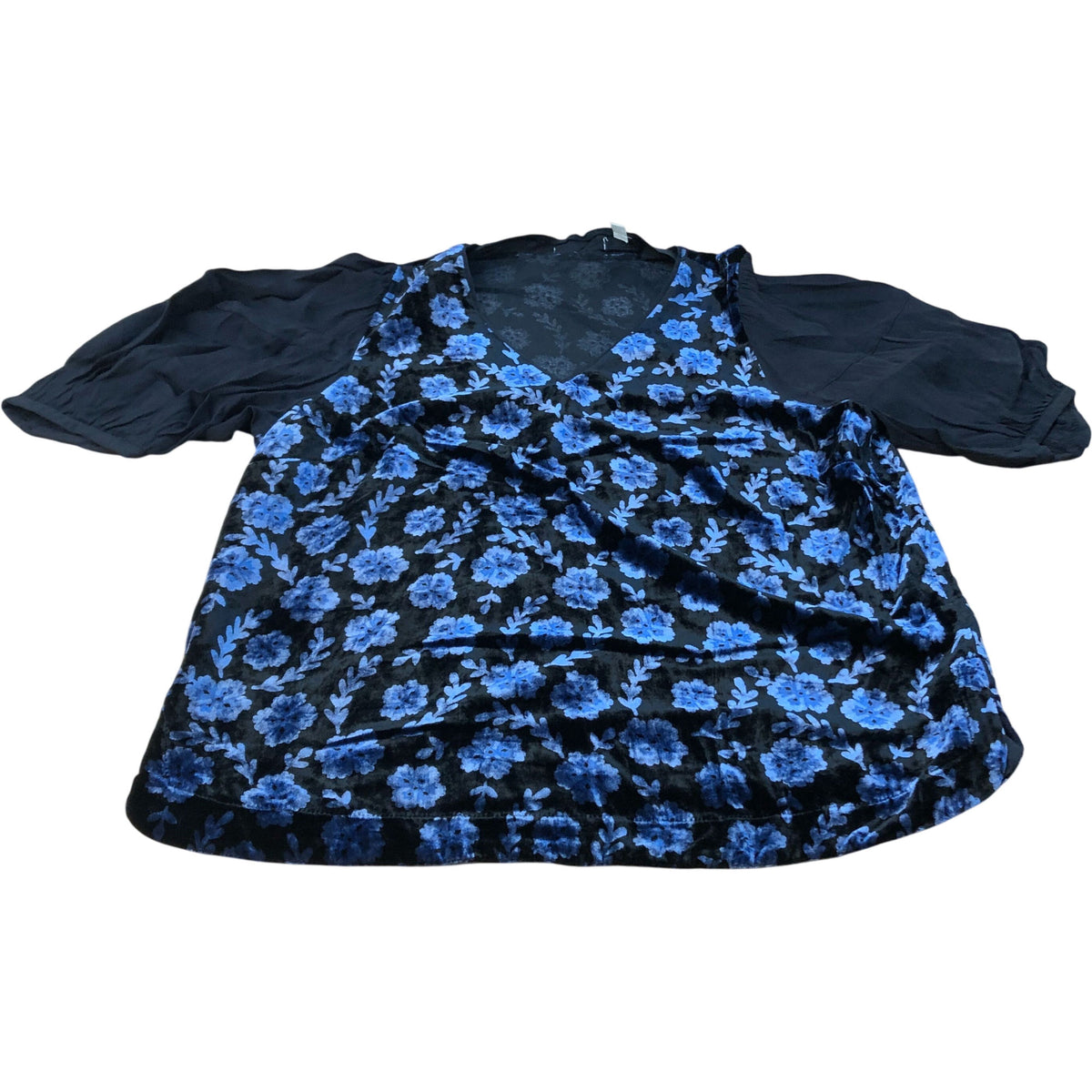 Floral Velvet Top UK Size 12 Women's Black Blue Blouse Short Sleeve