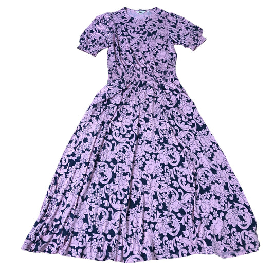 Pink & Navy Floral Print Midi Dress UK Size 12 Women's Elasticated Waist