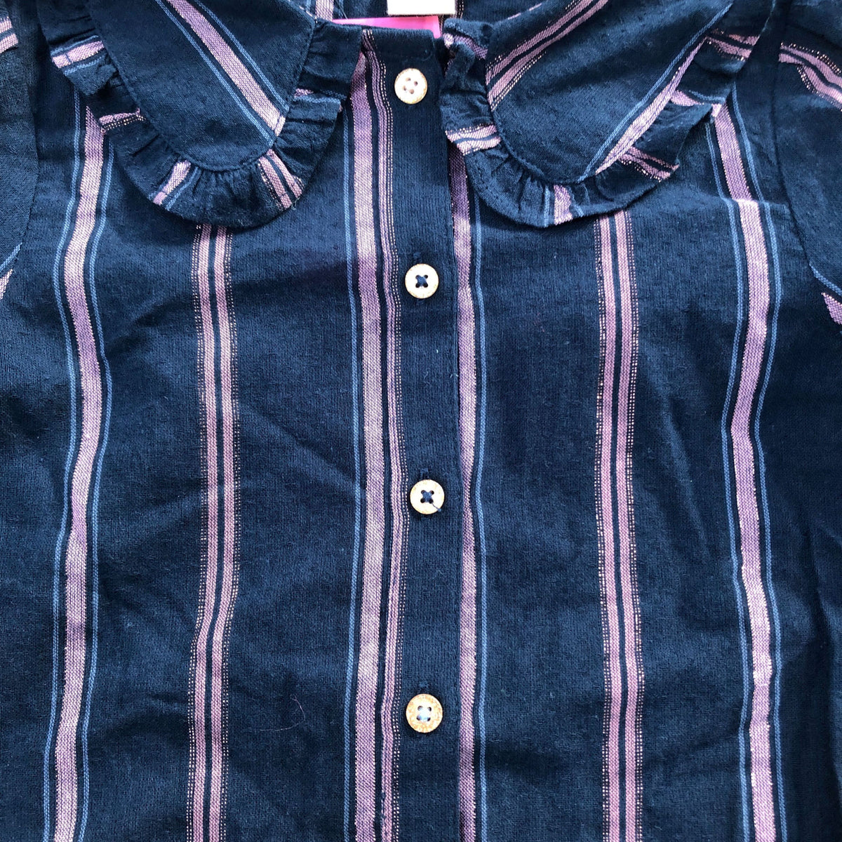 Girls' Blouse Striped Navy Cotton Top With Ruffle Collar 5-6 Years