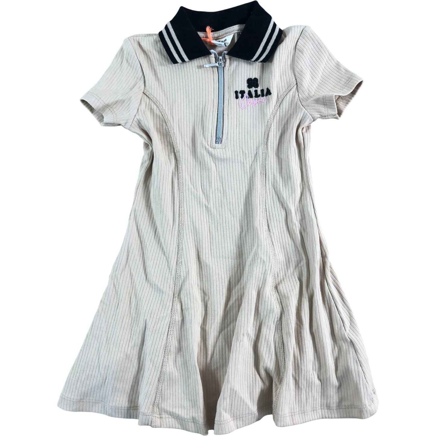River Island Mini Girls Beige Dress 18-24 Months Zip Up Collar Ribbed Design