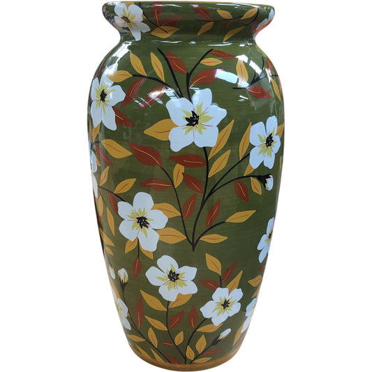 Floral Decorative Vase Green With White Flowers