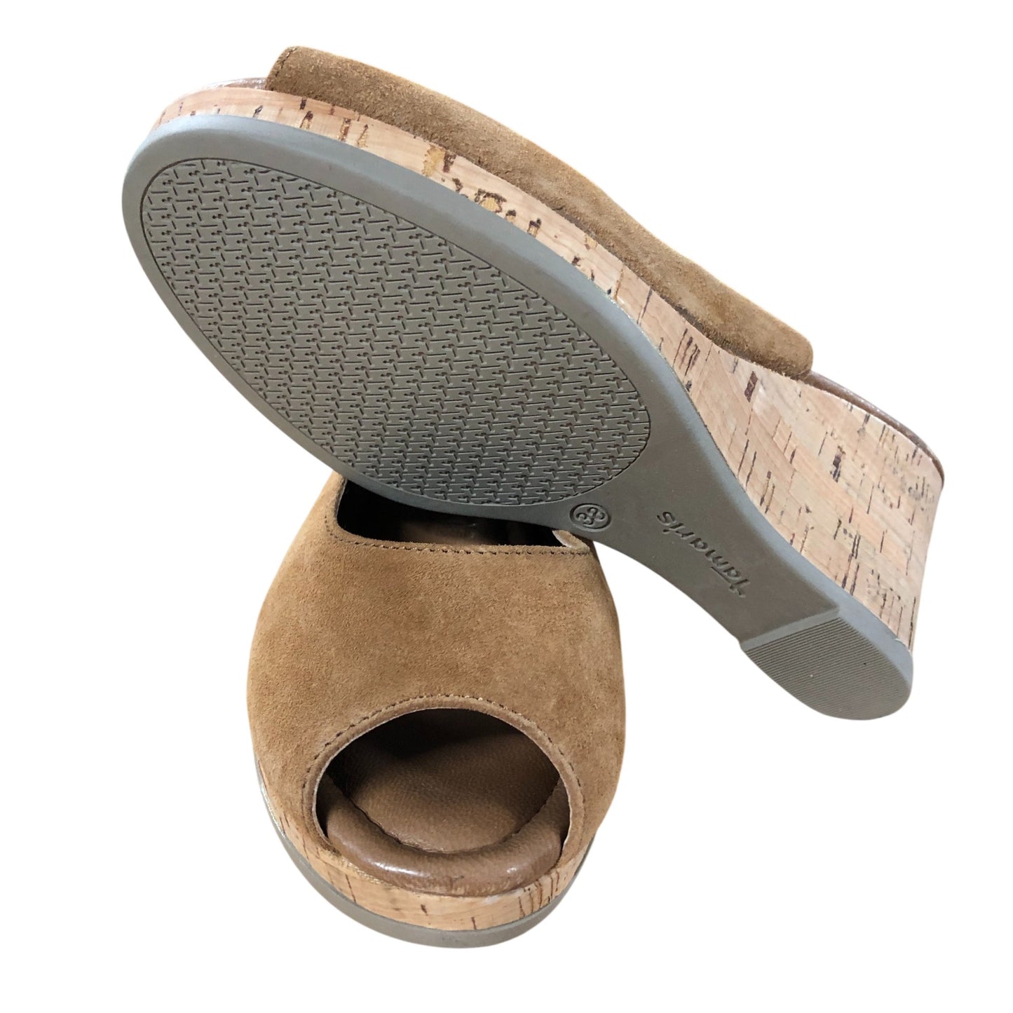 Tamaris Slingback Sandals UK5 Women's Cork Wedge Heels Open Toe Cognac