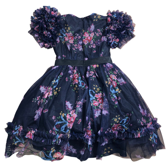 Angel & Rocket Floral Dress Girls Size 6-7 Years Dark Blue Ruffle Sleeve