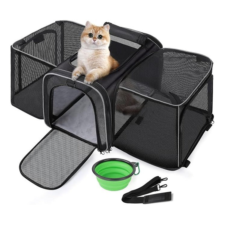 Pecute Double Sided Expandable Pet Carrier With Shoulder Strap And Bowl