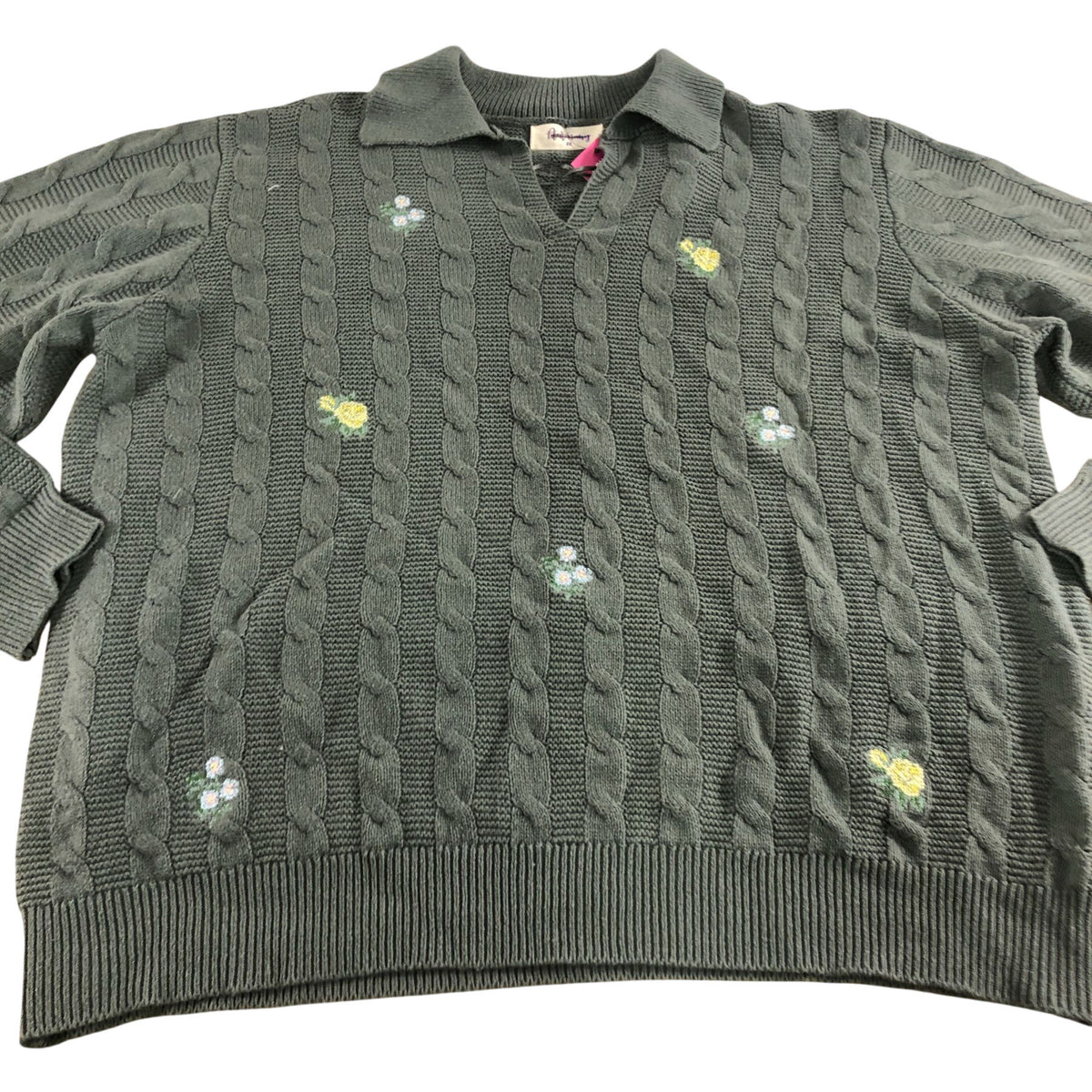 Autonomy Sweater Size 22 Women's Cable Knit V Neck Embroidered Flowers Green