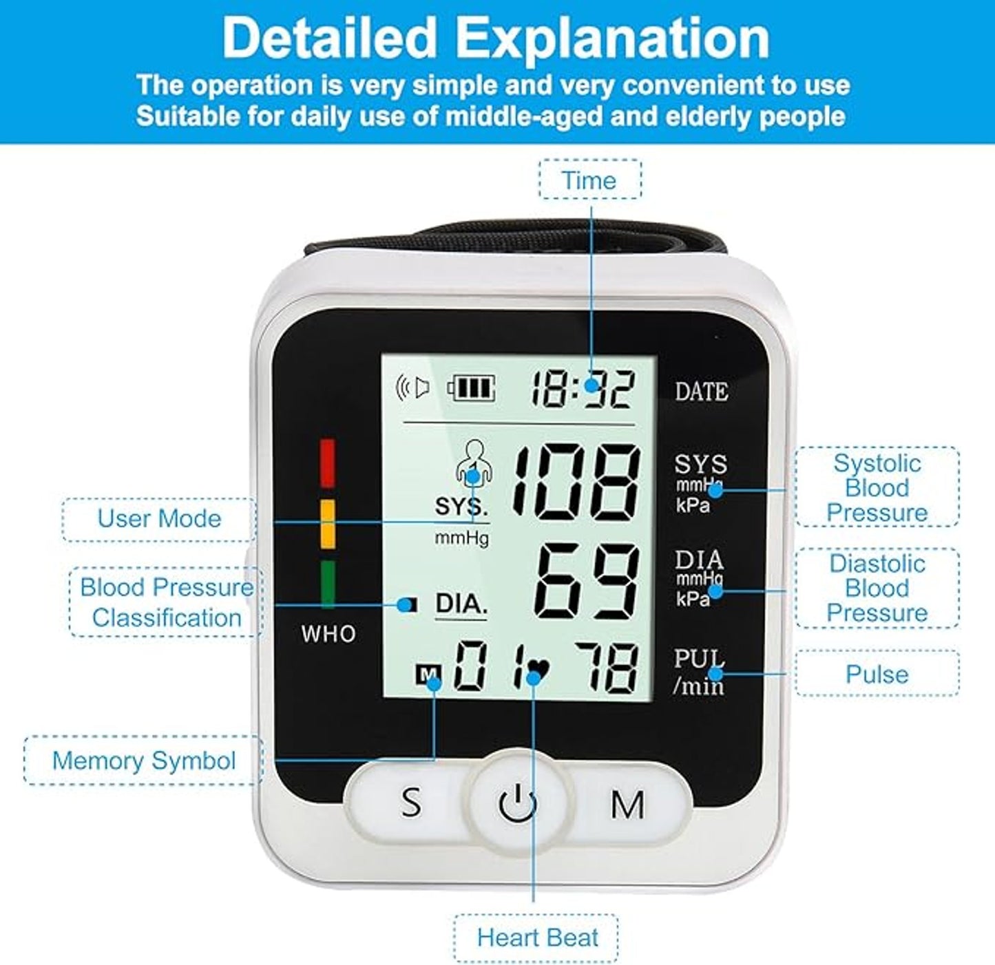 Digital Blood Pressure Monitor Wrist Type Voice Broadcast Function New
