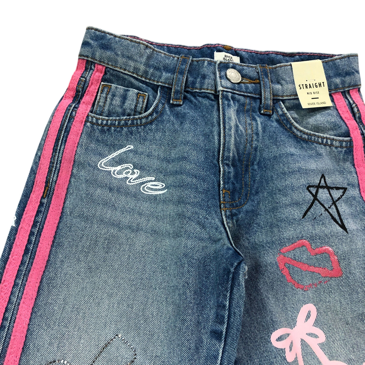 River Island Straight Jeans 8Yrs Girls Mid Rise Love Print Denim