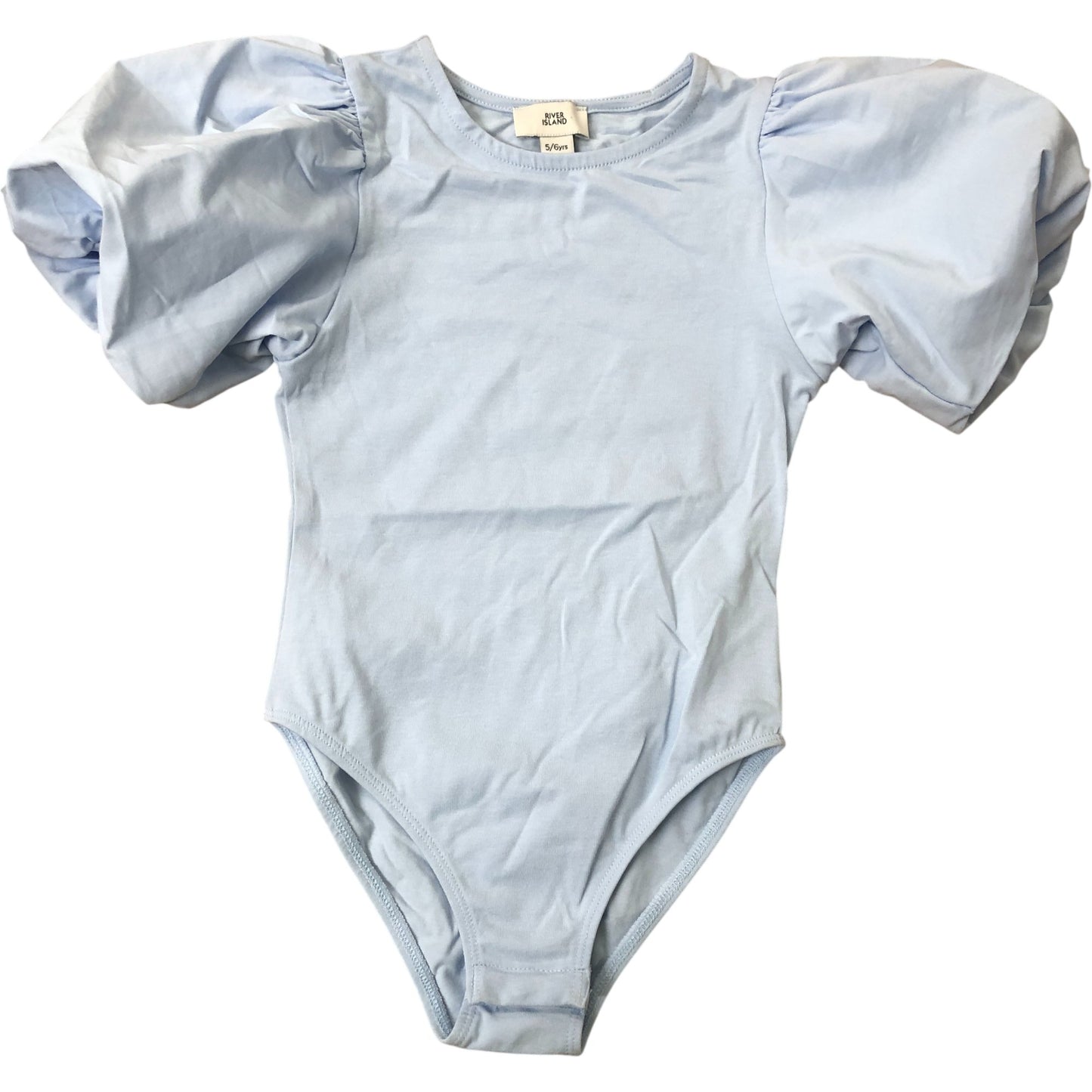 River Island Girls Blue Puff Sleeve Bodysuit Size 5-6 Years Stretchy Cotton